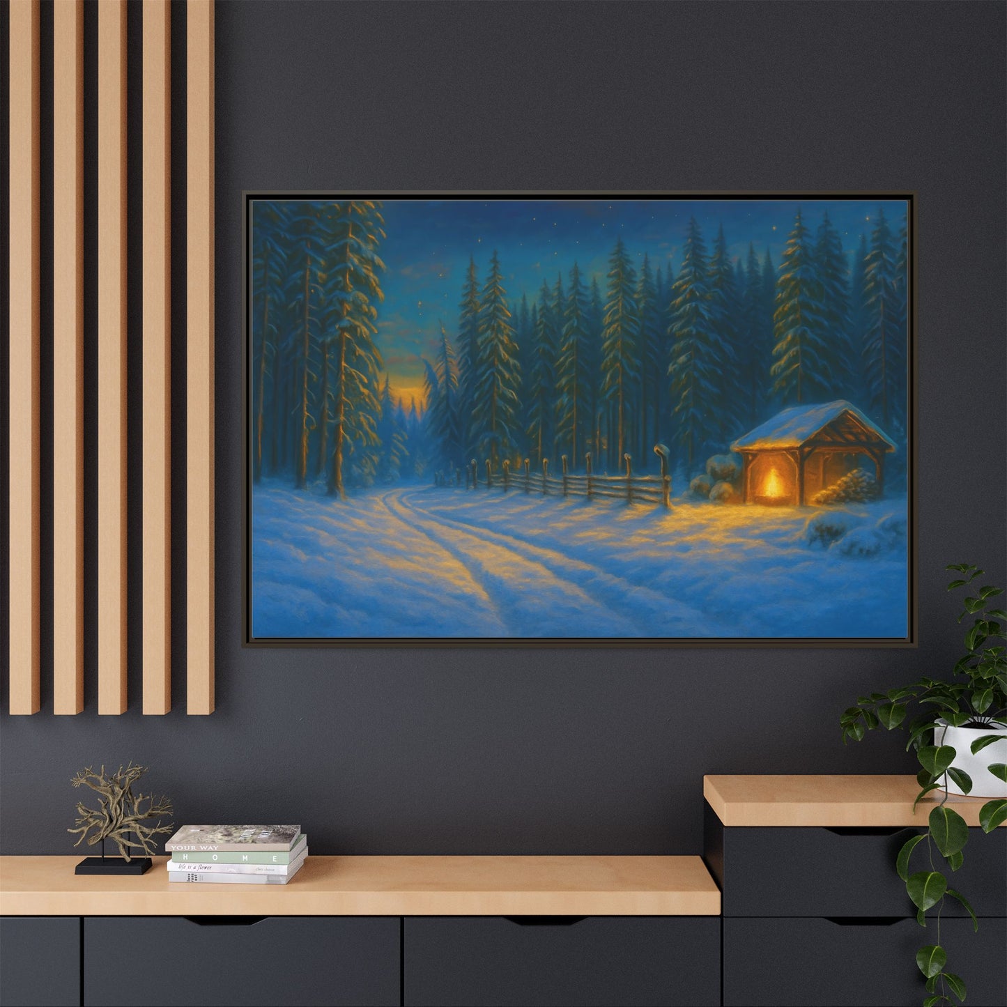 Cozy winter cabin matte framed canvas wall art featuring a snowy forest scene during evening, suitable for winter home decor.
