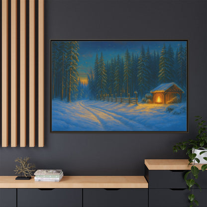 Cozy winter cabin matte framed canvas wall art featuring a snowy forest scene during evening, suitable for winter home decor.