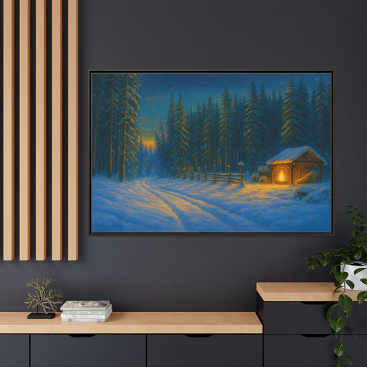 Cozy winter cabin matte framed canvas wall art featuring a snowy forest scene during evening, suitable for winter home decor.