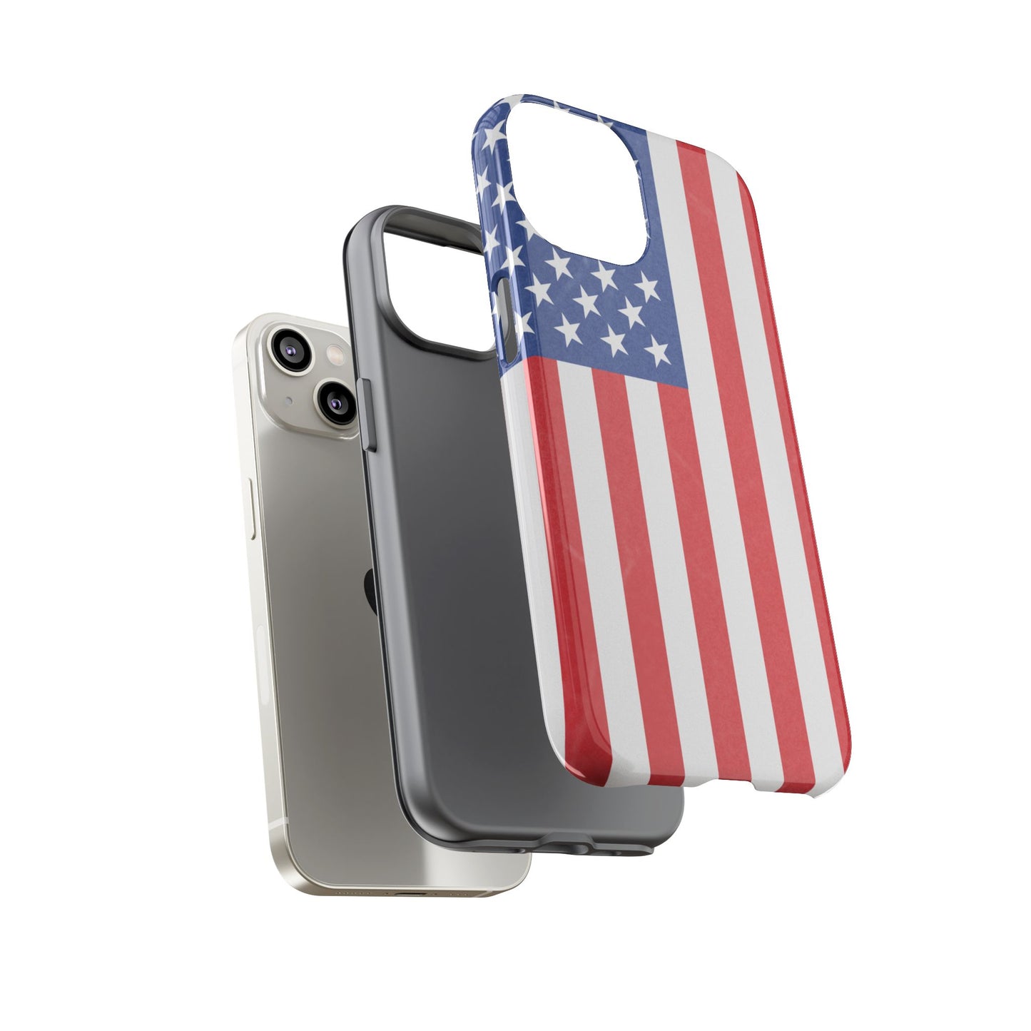 American flag tough phone case for iPhone and Samsung, patriotic protective cover with bold flag design by Printify.