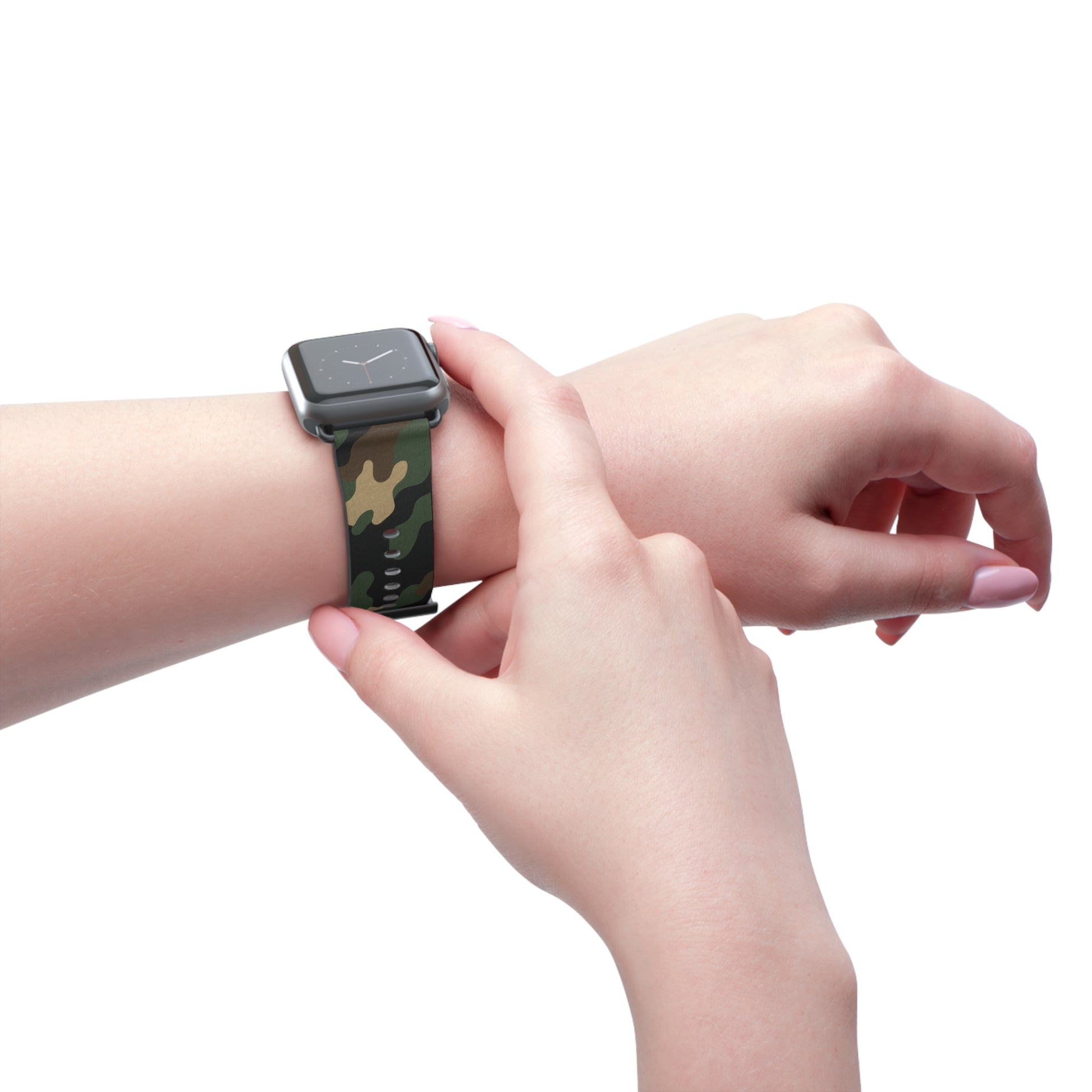 Green camouflage silicone Apple Watch strap by Printify, flexible watch band with camo pattern for Apple Watch accessories.