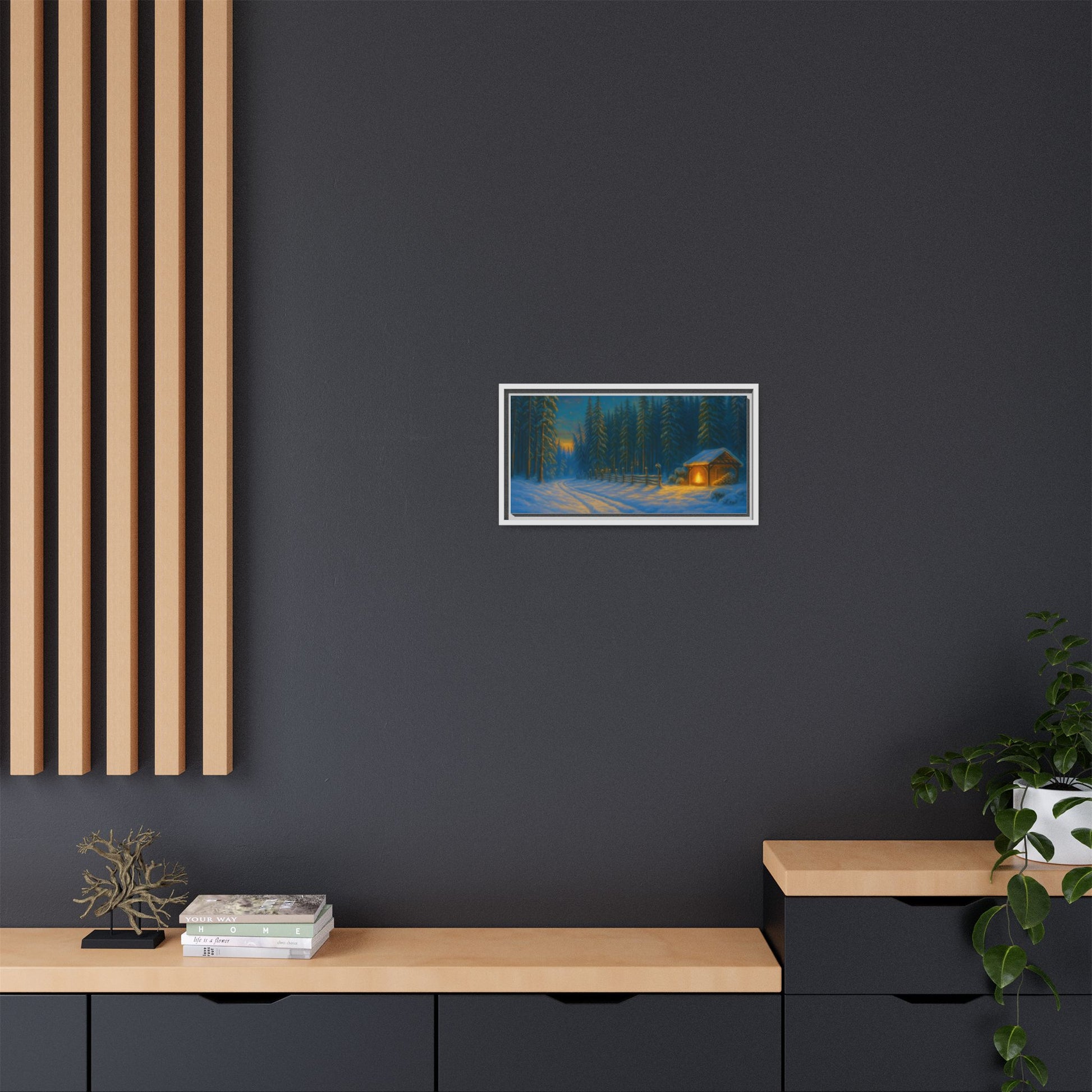 Cozy winter cabin matte framed canvas wall art featuring a snowy forest scene at evening, by Printify