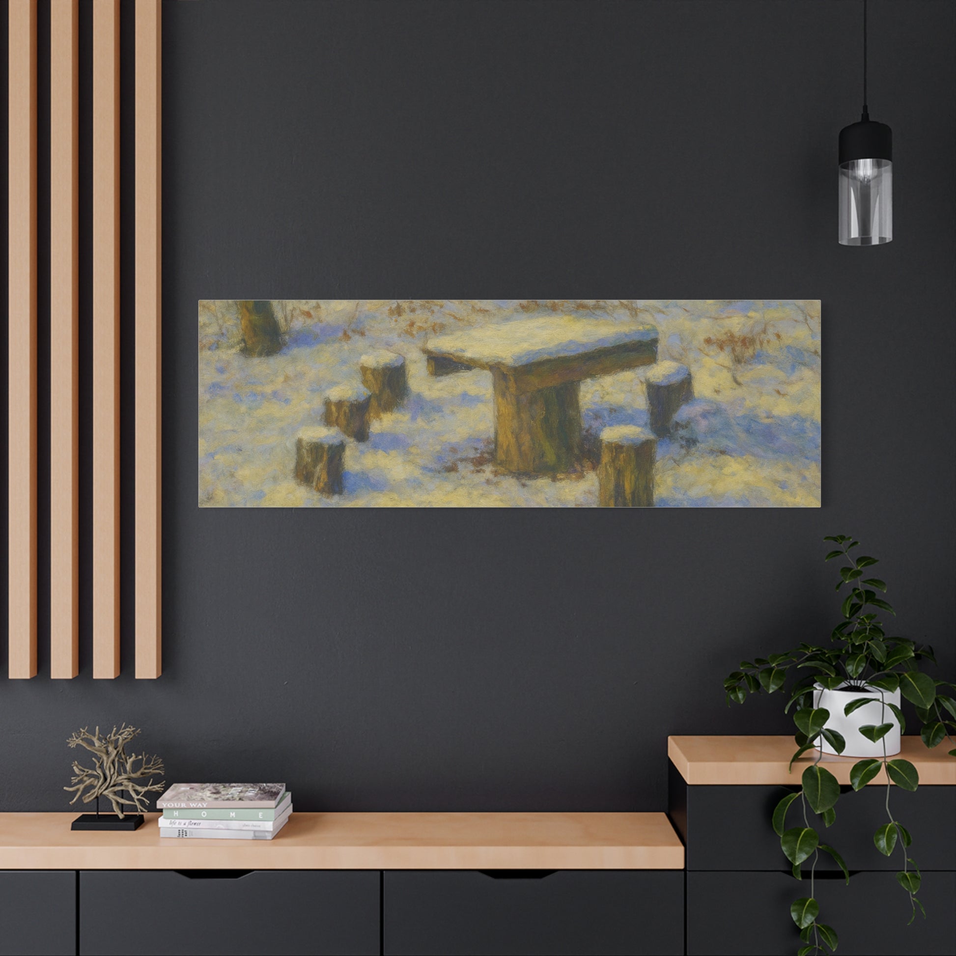 Snowy forest winter landscape canvas wall art, matte stretched print by Printify, showcasing snow-covered trees and serene winter scene.