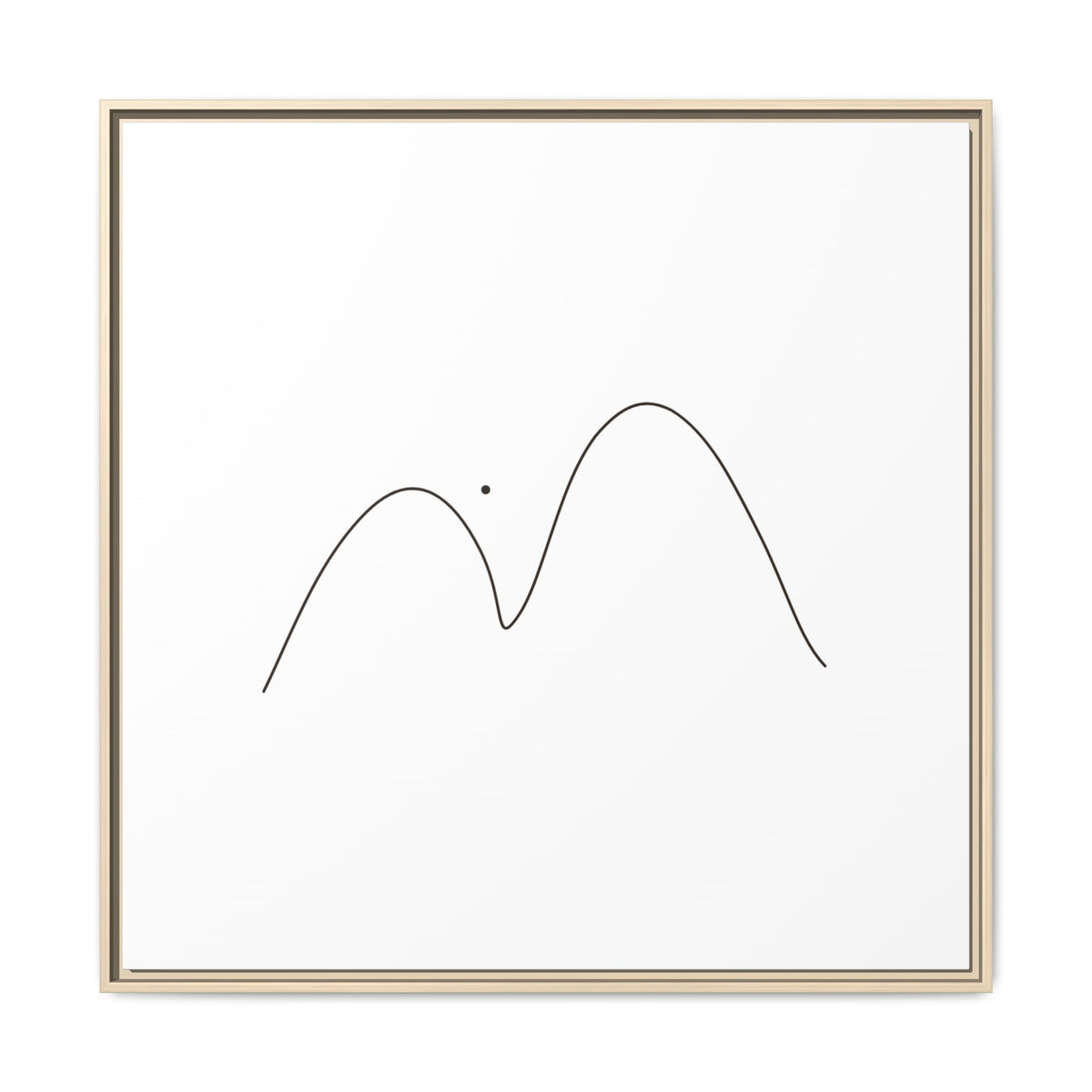Framed minimalist mountain line art on matte canvas, modern wall art by Printify featuring simple mountain silhouette design.
