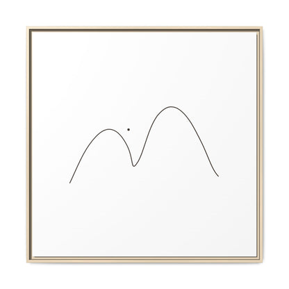 Framed minimalist mountain line art on matte canvas, modern wall art by Printify featuring simple mountain silhouette design.