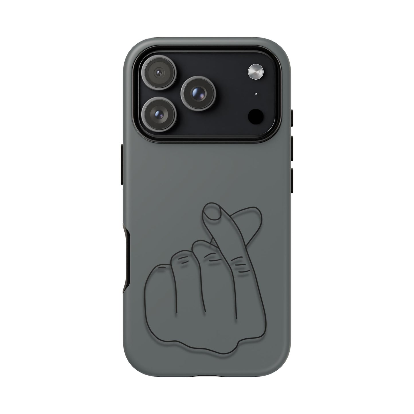 Silicone phone case with embossed Korean finger heart design, Printify branding, showcasing a stylish and protective phone cover.