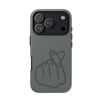 Silicone phone case with embossed Korean finger heart design, Printify branding, showcasing a stylish and protective phone cover.