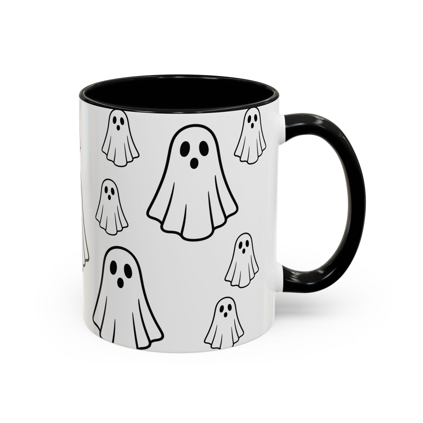 Printify ceramic coffee mug with ghost pattern, Halloween-themed accent mug in 11oz or 15oz size, featuring a spooky ghost design.