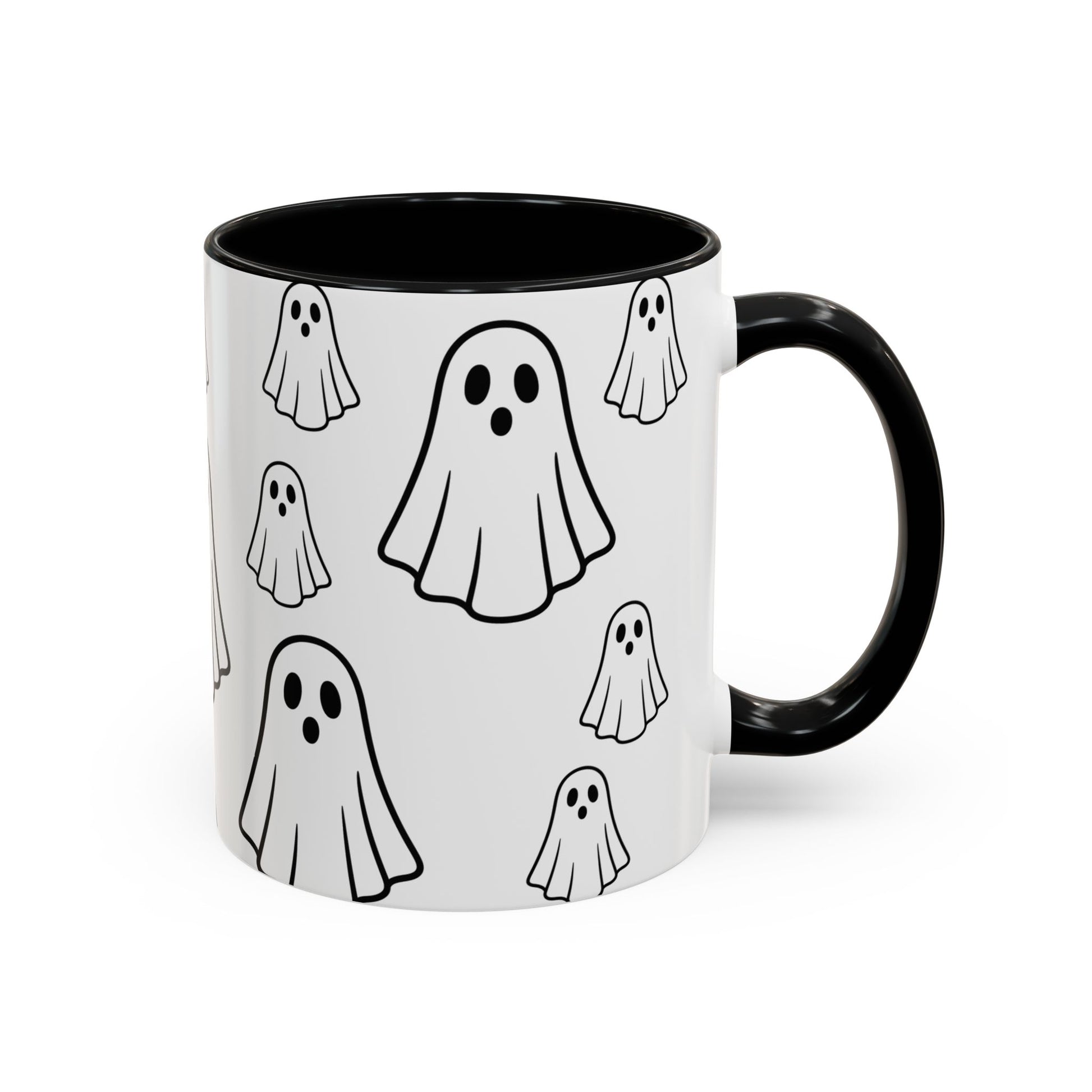 Printify ceramic coffee mug with ghost pattern, Halloween-themed accent mug in 11oz or 15oz size, featuring a spooky ghost design.