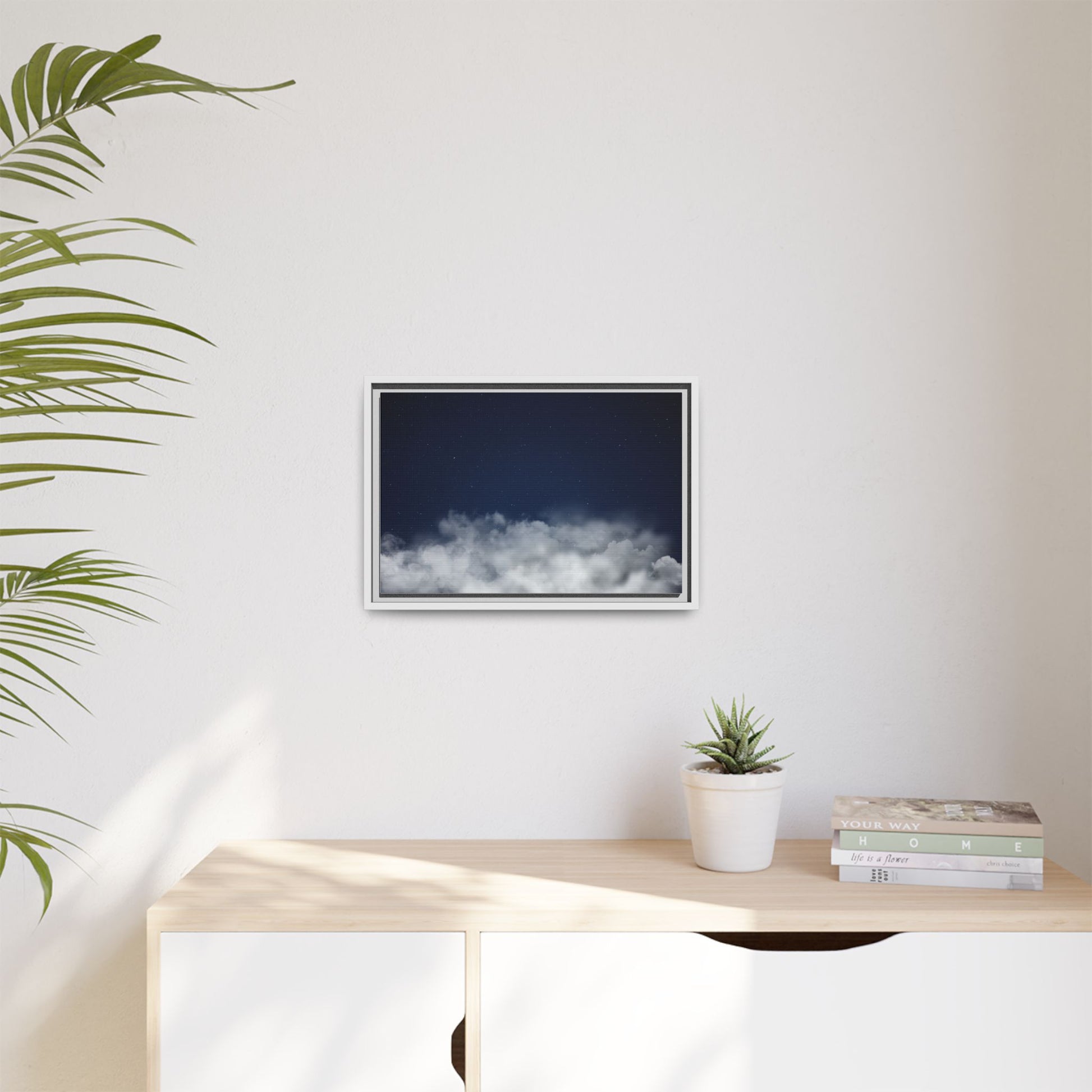 Framed night sky clouds matte canvas wall art featuring starry night scene, printed by Printify for celestial home decor.