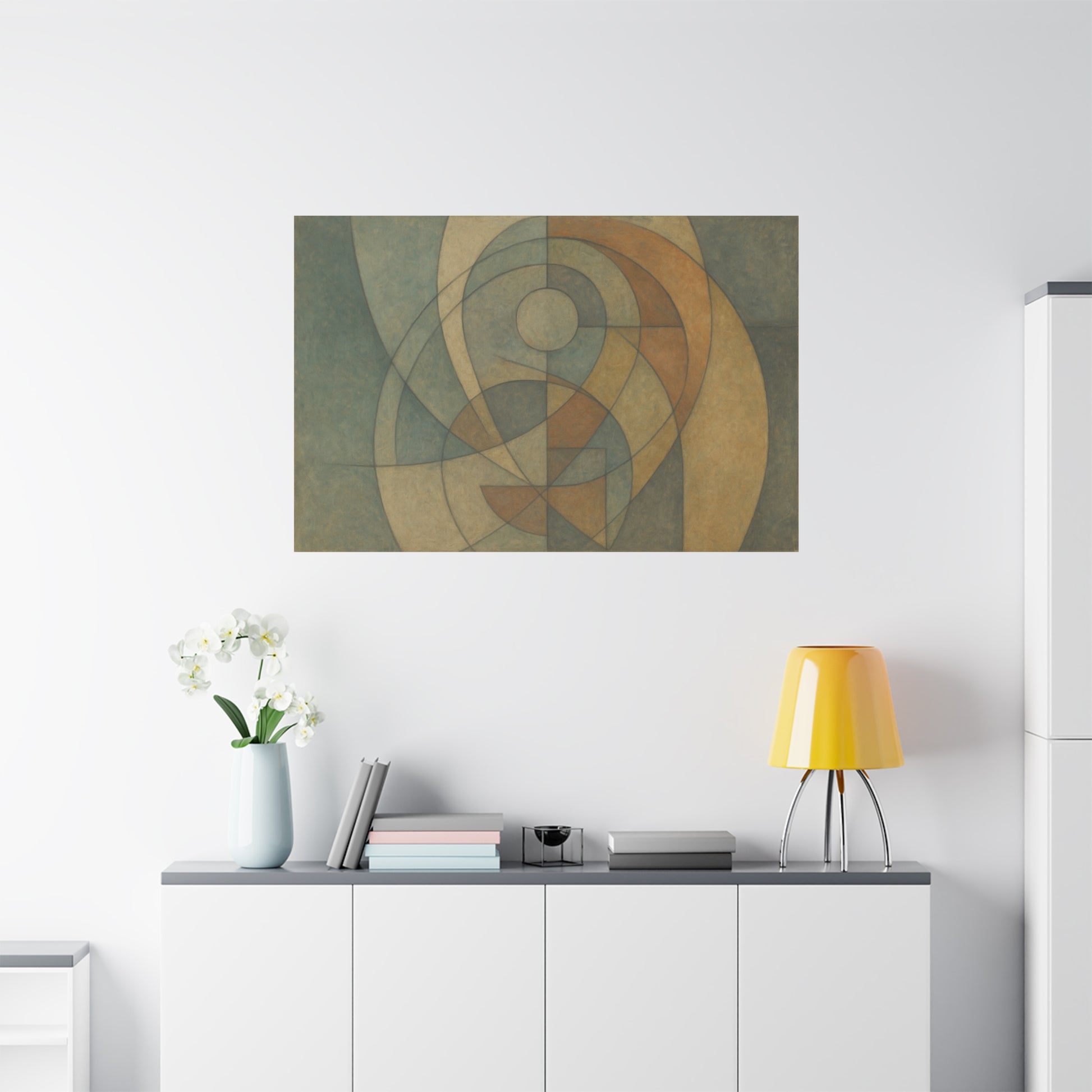 Abstract geometric circles on a matte canvas print by Printify, showcasing modern shapes and vibrant colors.