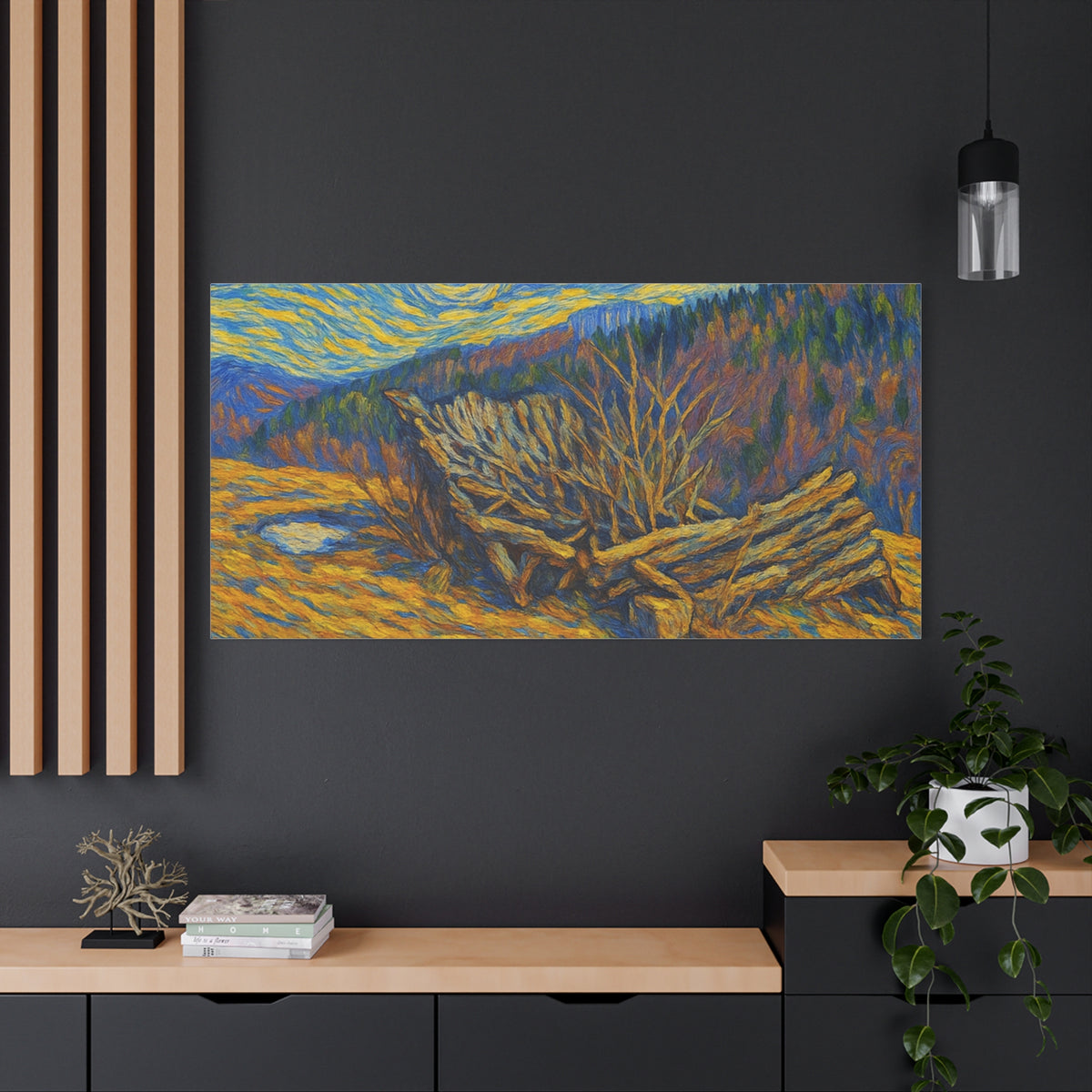 Impressionist Starry Landscape canvas print by Printify showing a vibrant night sky with stars and rolling hills.
