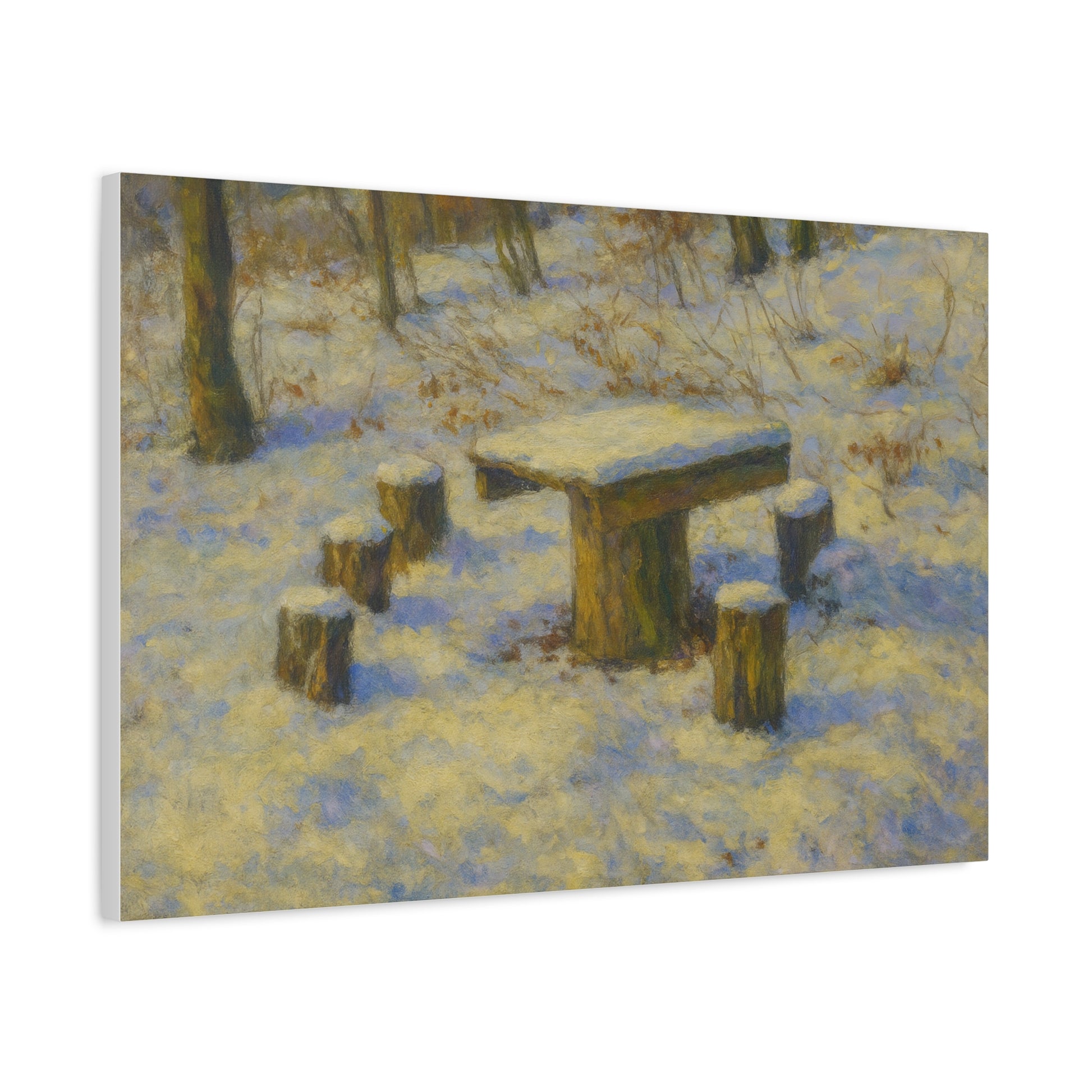 Winter landscape canvas wall art showing a snowy forest scene with bare trees, matte finish, stretched print from Printify.
