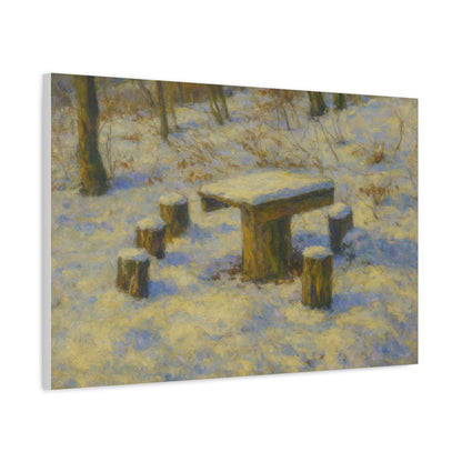 Winter landscape canvas wall art showing a snowy forest scene with bare trees, matte finish, stretched print from Printify.