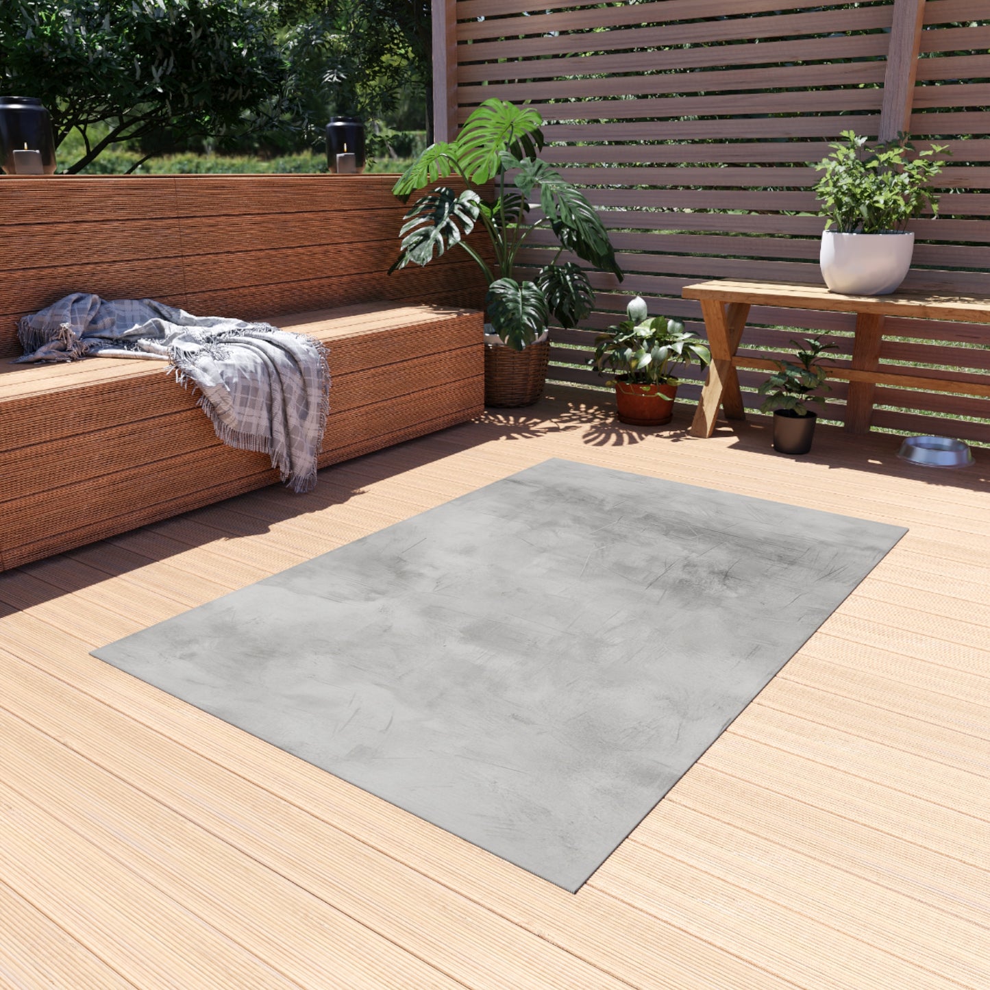 Modern gray outdoor rug by Printify, suitable for patios and decks, featuring a stylish and durable indoor-outdoor flooring design.