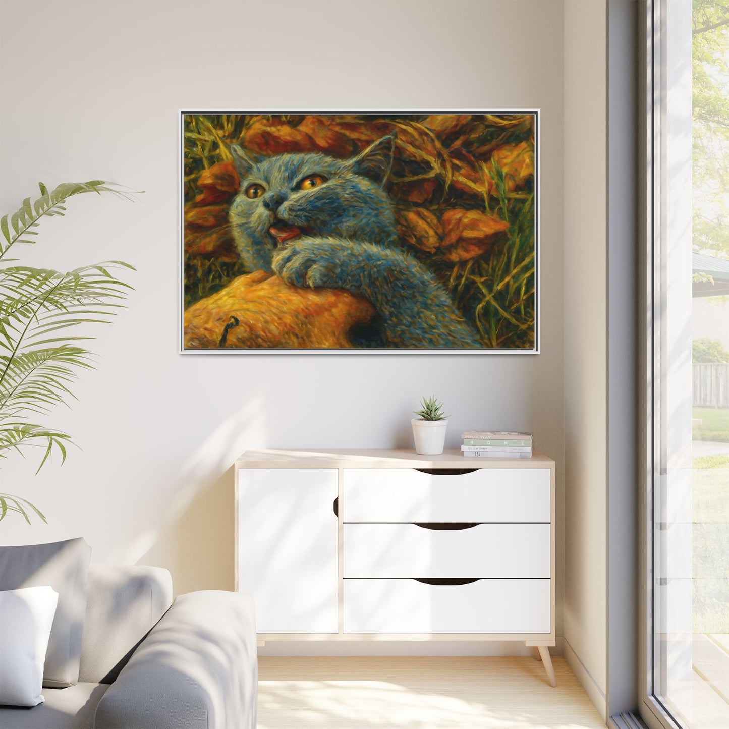 Blue cat canvas print featuring whimsical wall art, perfect for cat lovers and made by Printify.
