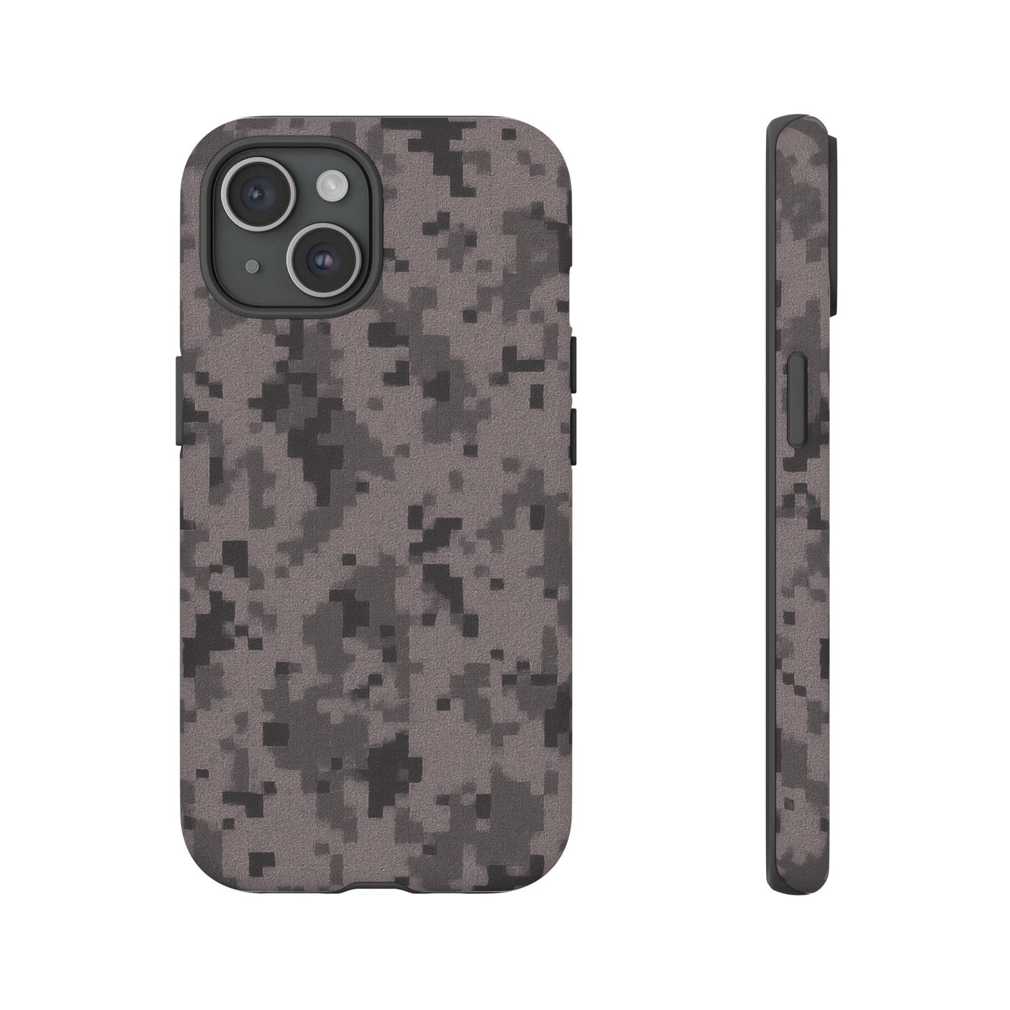 Gray digital camouflage phone case by Printify, tough protective cover for smartphones with a rugged camouflage design.