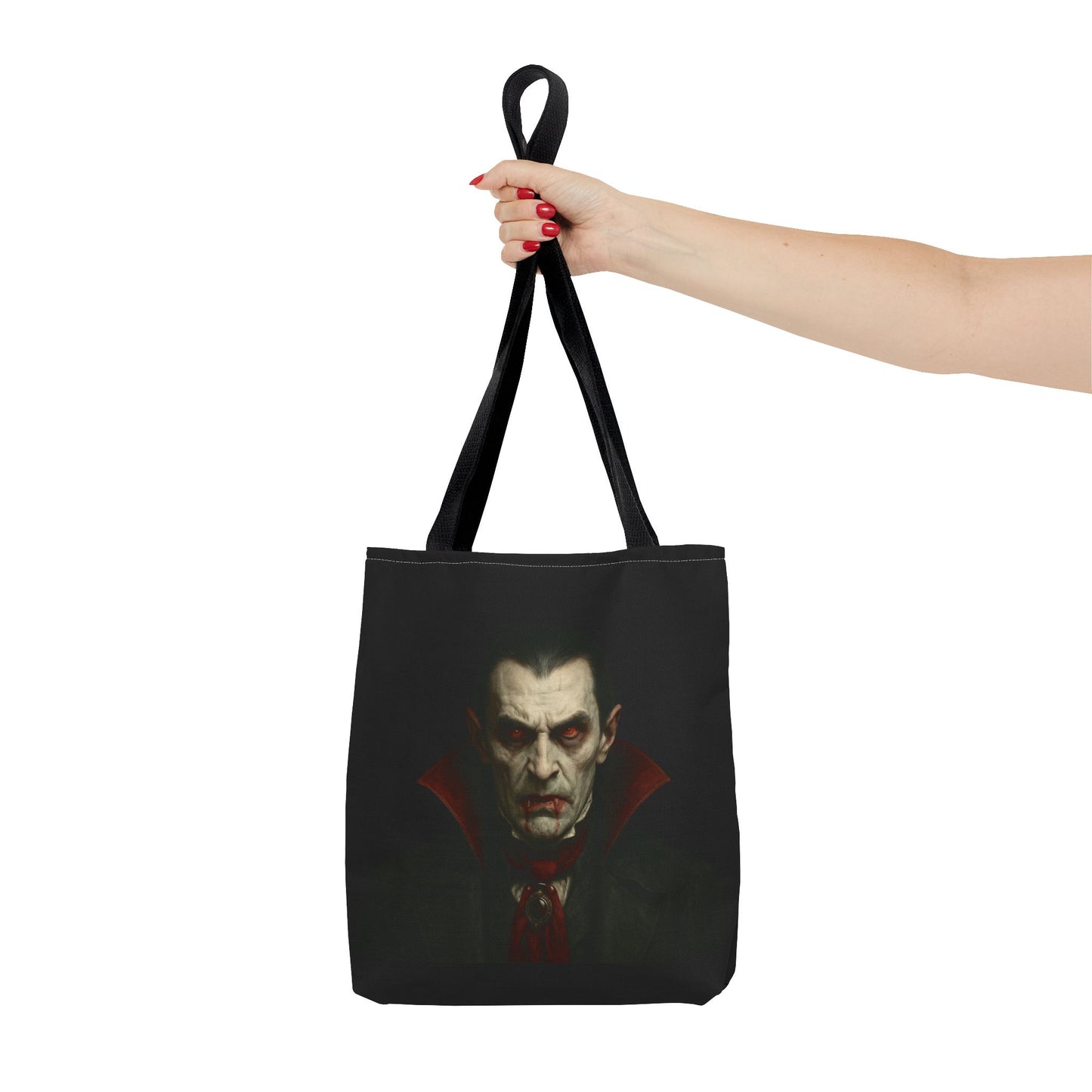Black Vampire Tote Bag with spooky gothic design, featuring vampire motifs, ideal for Halloween accessories and gothic fashion.