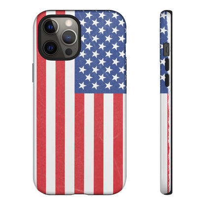 Durable American flag phone case for iPhone, patriotic print, protective tough cover by Printify, featuring stars and stripes design.