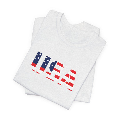 USA Flag Text Tee — Patriotic Fourth of July T-Shirt