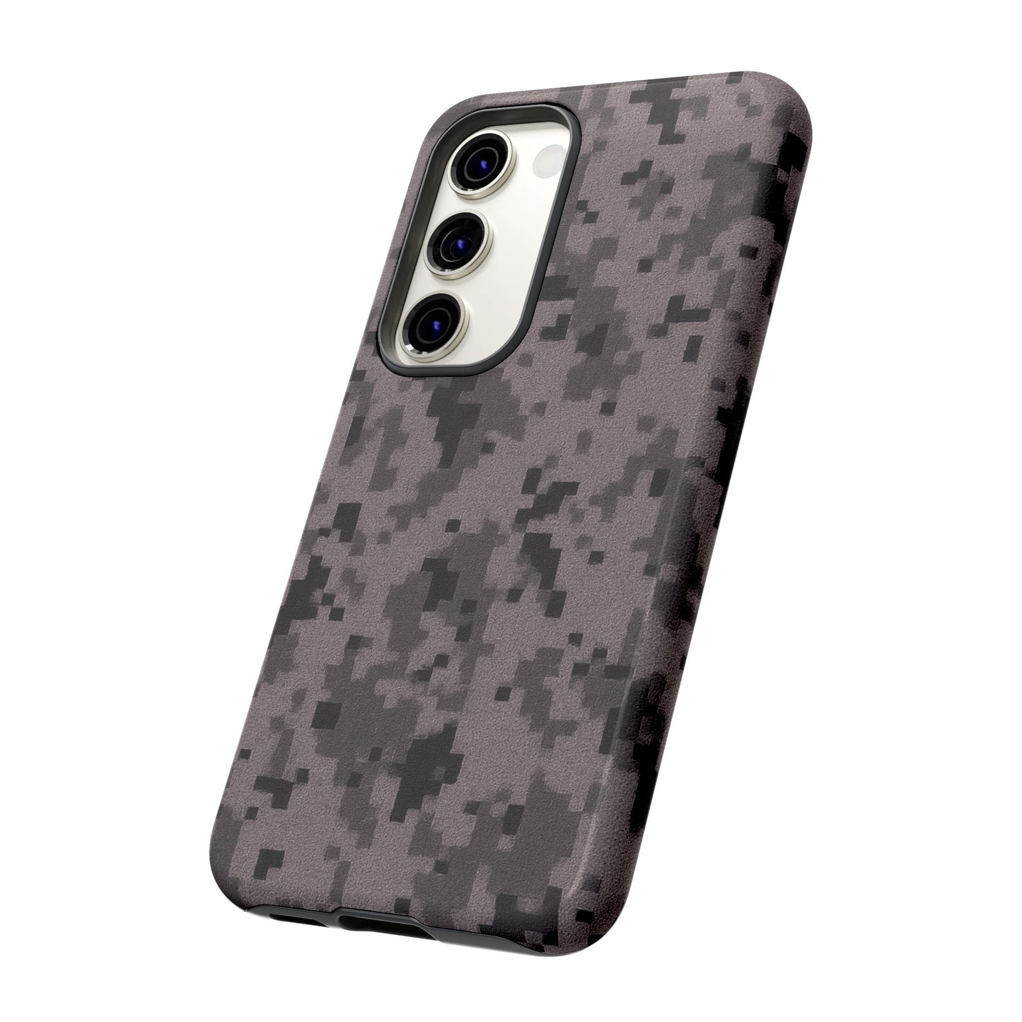 Gray digital camouflage phone case by Printify, tough and protective cover for smartphones with a rugged camouflage design.