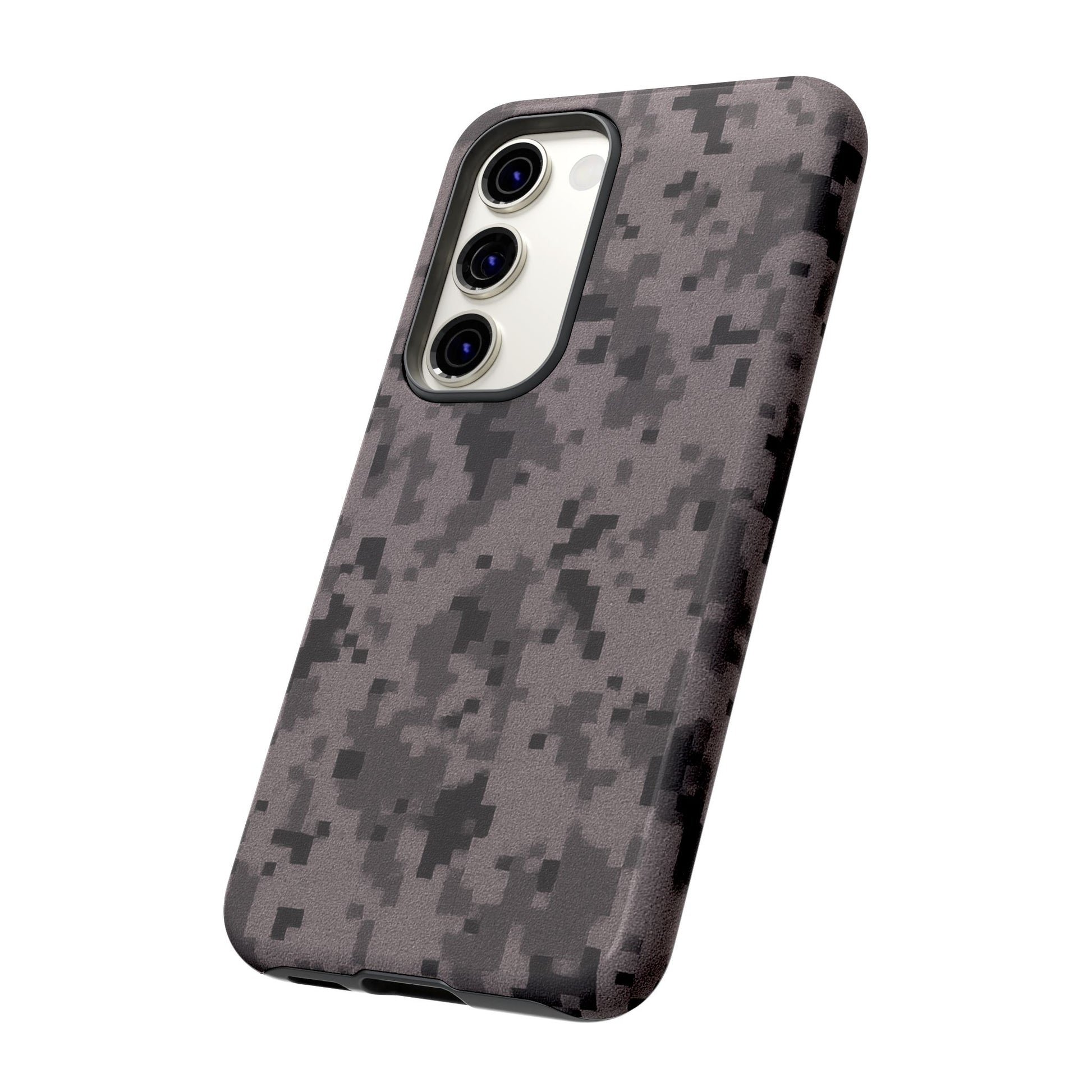 Gray digital camouflage phone case by Printify, tough and protective cover for smartphones with a rugged camouflage design.