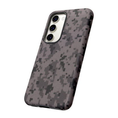 Gray digital camouflage phone case by Printify, tough and protective cover for smartphones with a rugged camouflage design.
