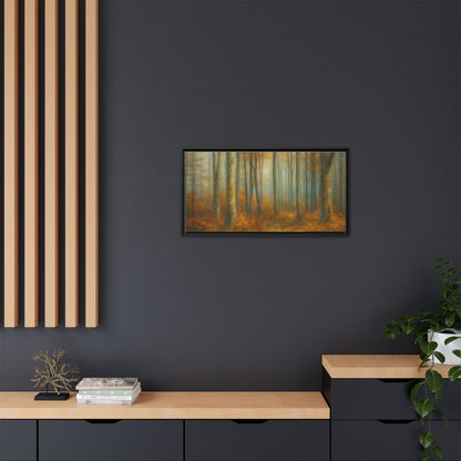 Framed canvas print of a misty autumn forest woodland wall art by Printify, featuring vibrant fall colors and detailed trees.