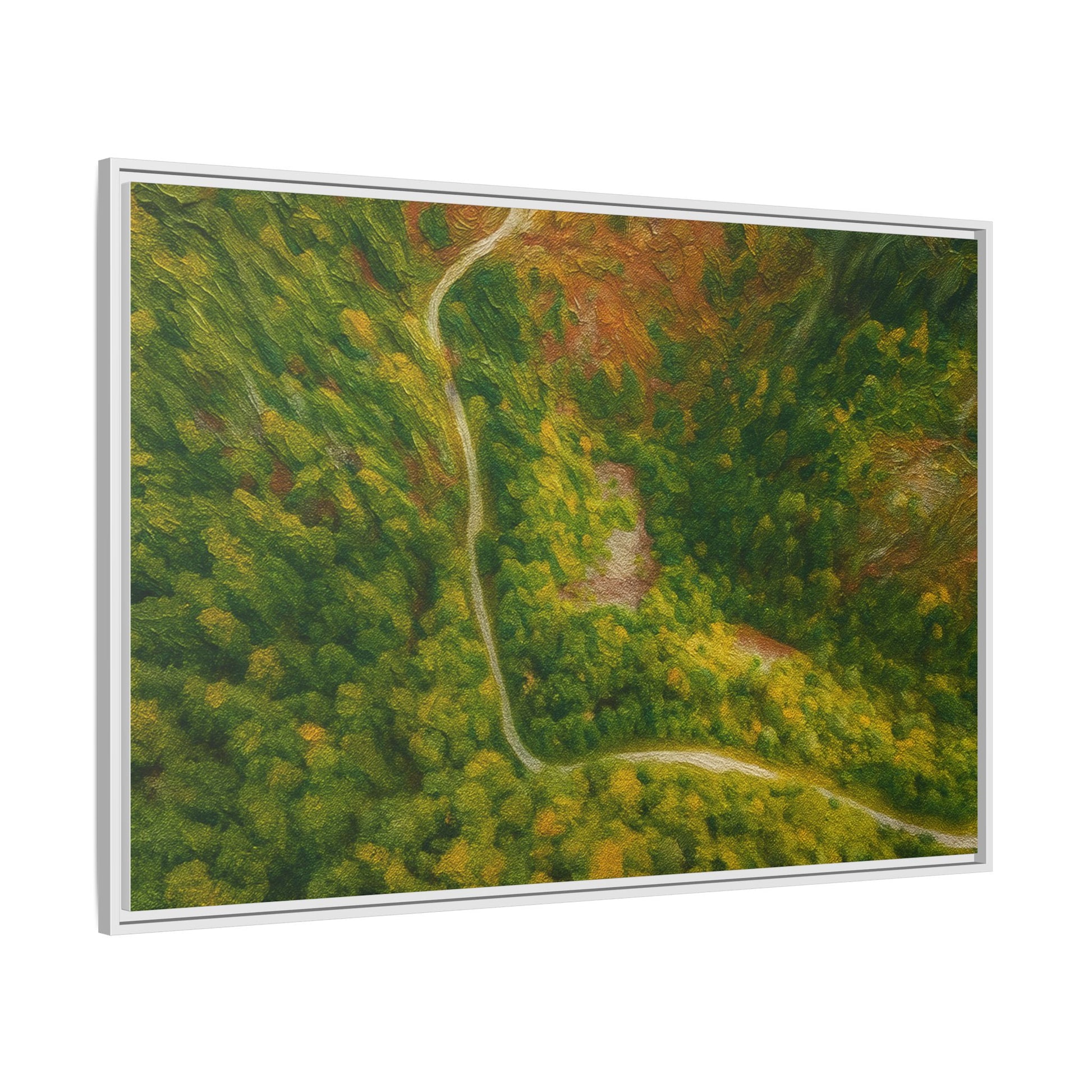 Colorful framed matte canvas wall art featuring an aerial forest path landscape, by Printify.