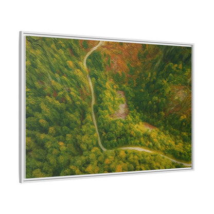 Colorful framed matte canvas wall art featuring an aerial forest path landscape, by Printify.
