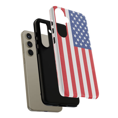 Durable American flag tough phone case for iPhone, patriotic design with bold stars and stripes, made by Printify.