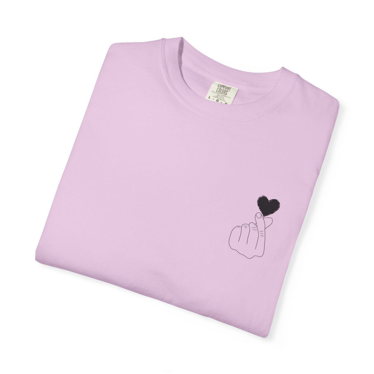 Black T-shirt featuring a minimal white finger heart graphic, casual style, by Printify.