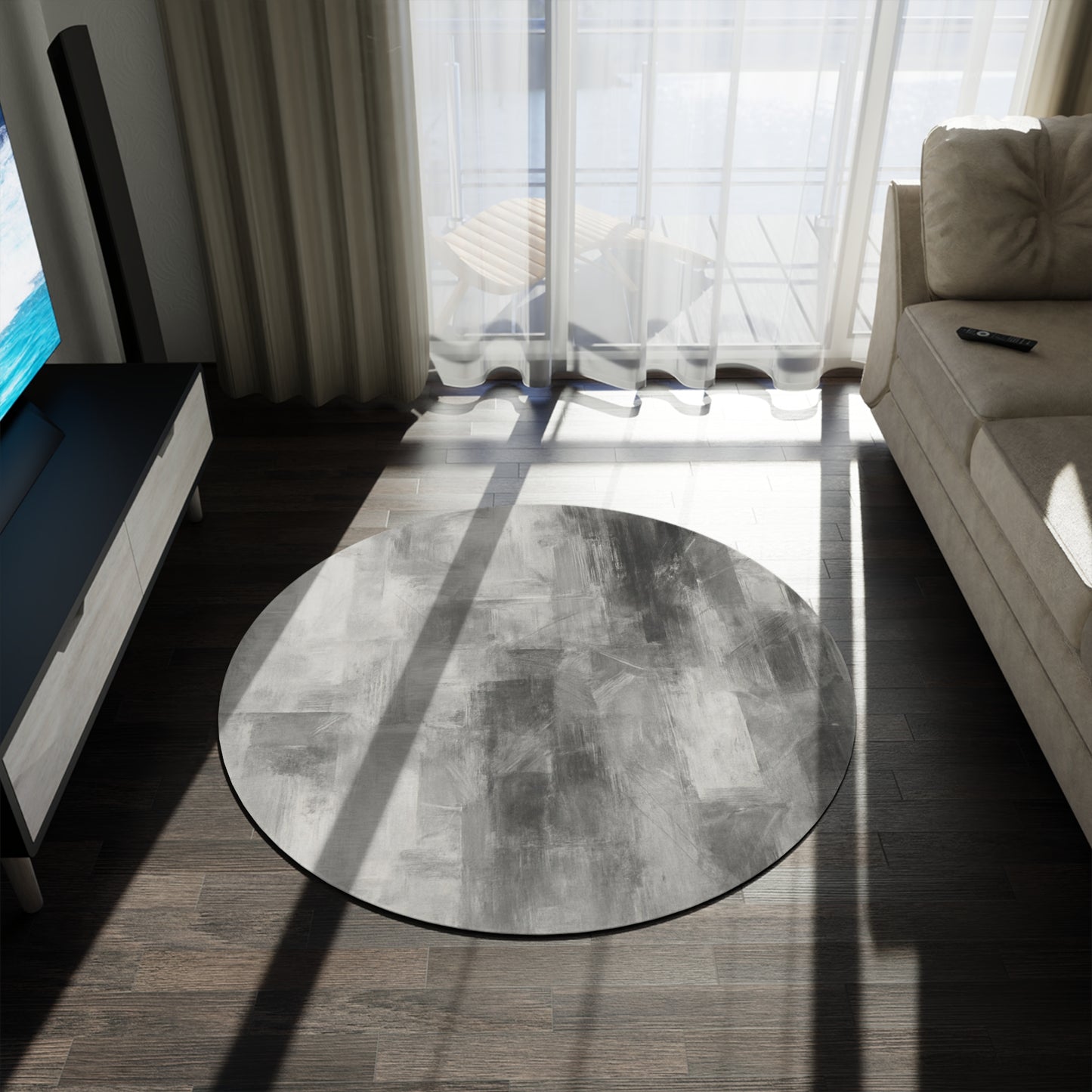 Modern round Printify area rug with minimalist design, perfect as a living room accent in contemporary home decor.