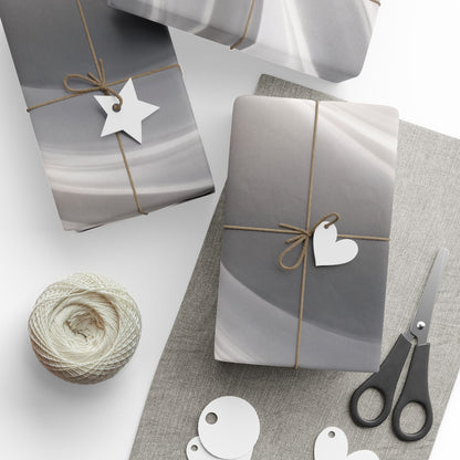Silver marble swirl wrapping paper with abstract metallic design, ideal for gift wrapping and decorative packaging.
