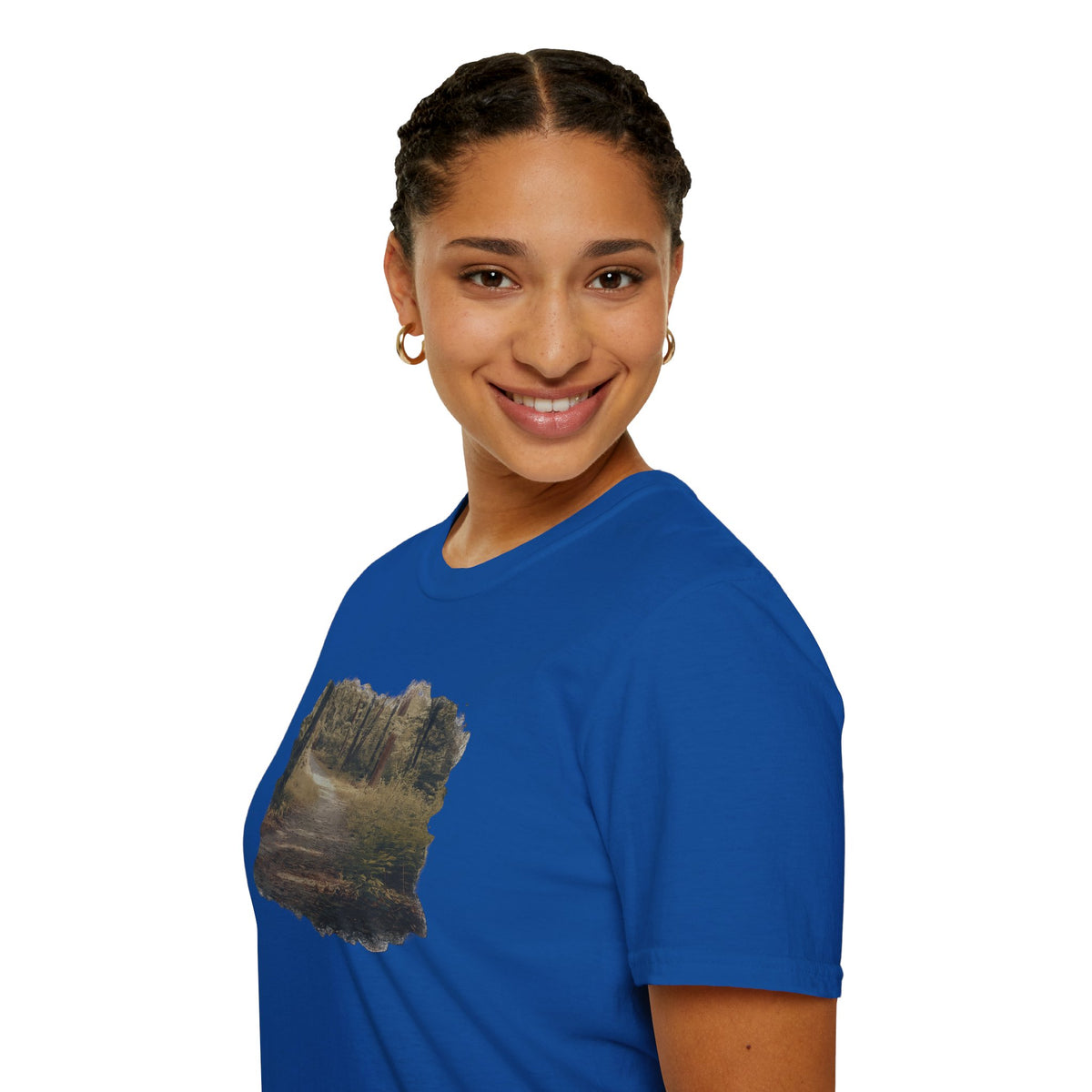 Vintage forest landscape T-Shirt by Printify featuring a nature pathway design on a casual cotton tee.