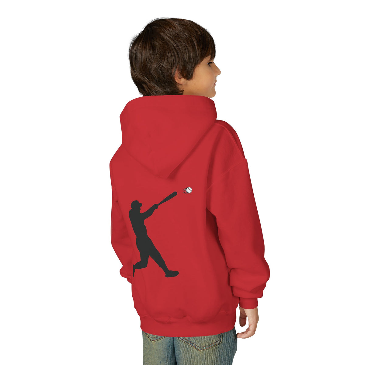 Kids youth baseball silhouette hoodie featuring a baseball player graphic, comfortable pullover for young sports fans.