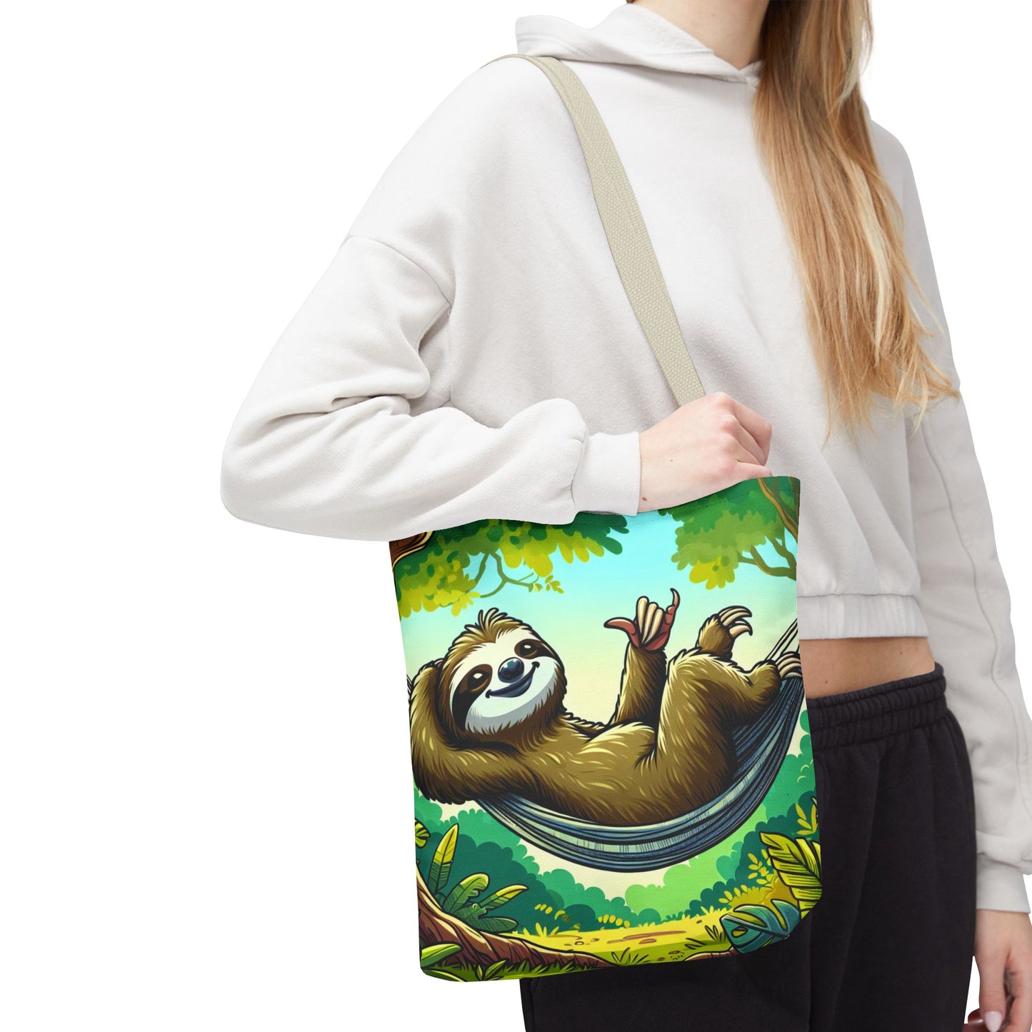 Eco-friendly sloth tote bag by Printify featuring a cute sloth illustration on a spacious fabric bag for animal lovers.
