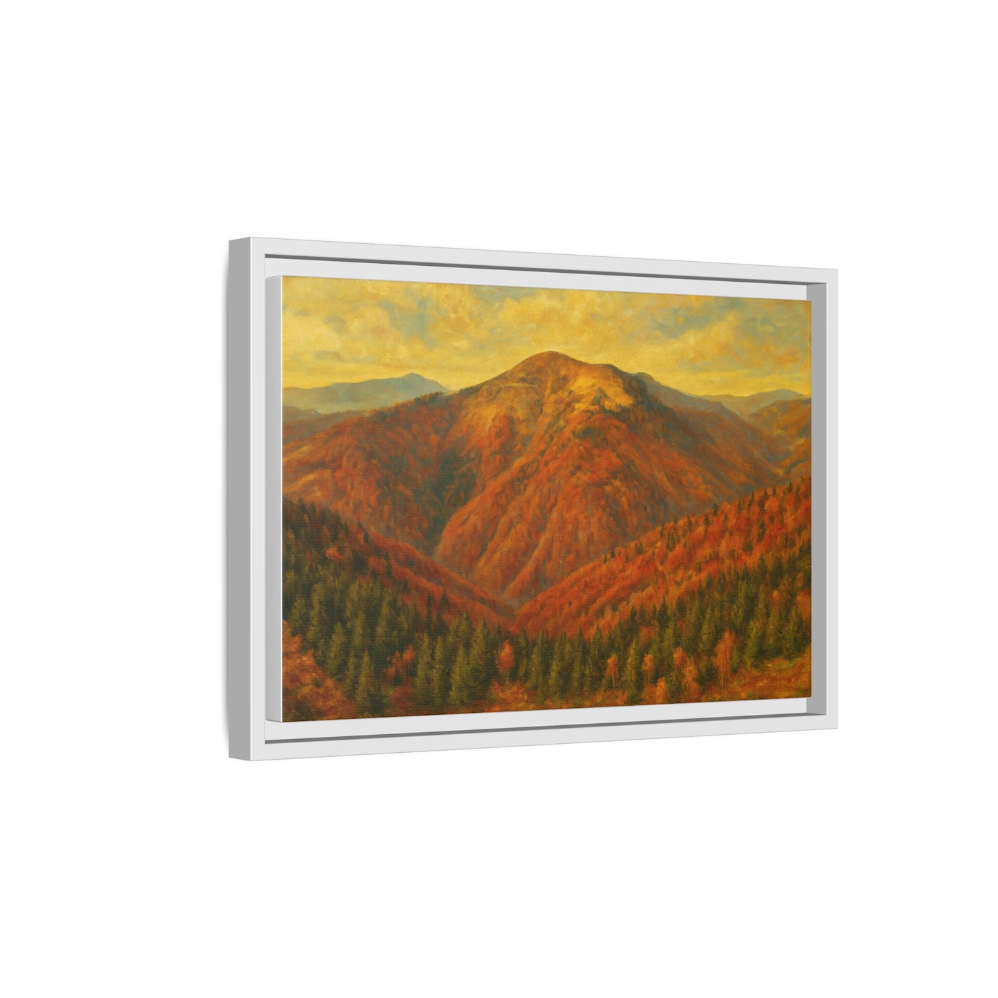 Autumn mountain matte canvas framed wall art by Printify featuring a scenic mountain landscape in warm tones.