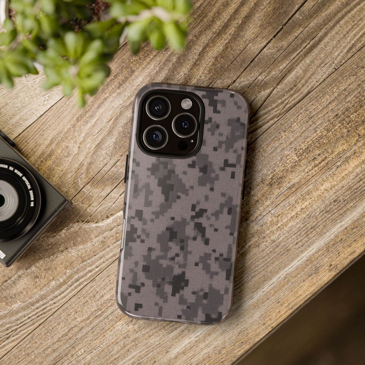 Gray digital camouflage phone case by Printify, tough protective cover for mobile phones with camouflage design.
