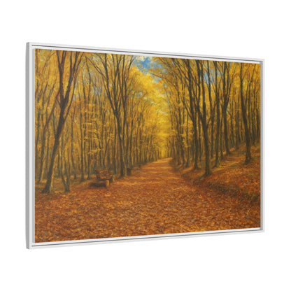 Autumn Forest Path matte canvas framed wall art by Printify showing a scenic forest scene with colorful fall foliage.