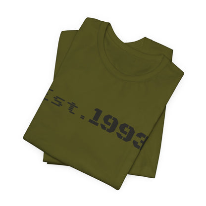 Vintage 1993 Est. T-Shirt by Printify featuring bold "Born in 1993" text on a classic cotton tee.