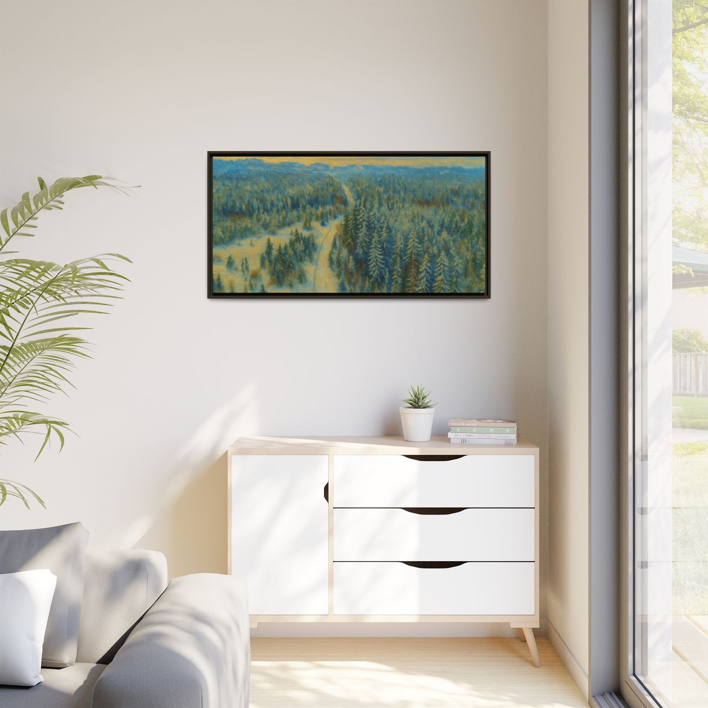 Framed matte canvas print of a serene winter forest landscape by Printify, featuring snow-covered trees and a peaceful scene.