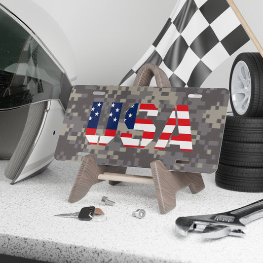 Patriotic USA camo vanity license plate with American flag design, suitable as a car accessories accessory.