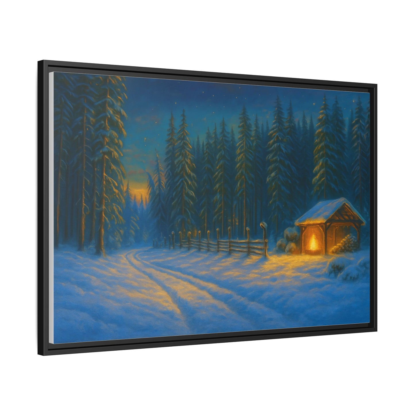 Cozy winter cabin canvas wall art by Printify featuring a snowy forest evening scene in a matte framed print.