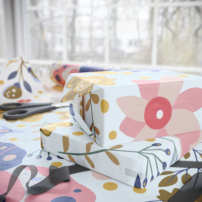 Floral Butterfly Wrapping Paper Roll — Elegant Blue & Gold Garden Gift Wrap