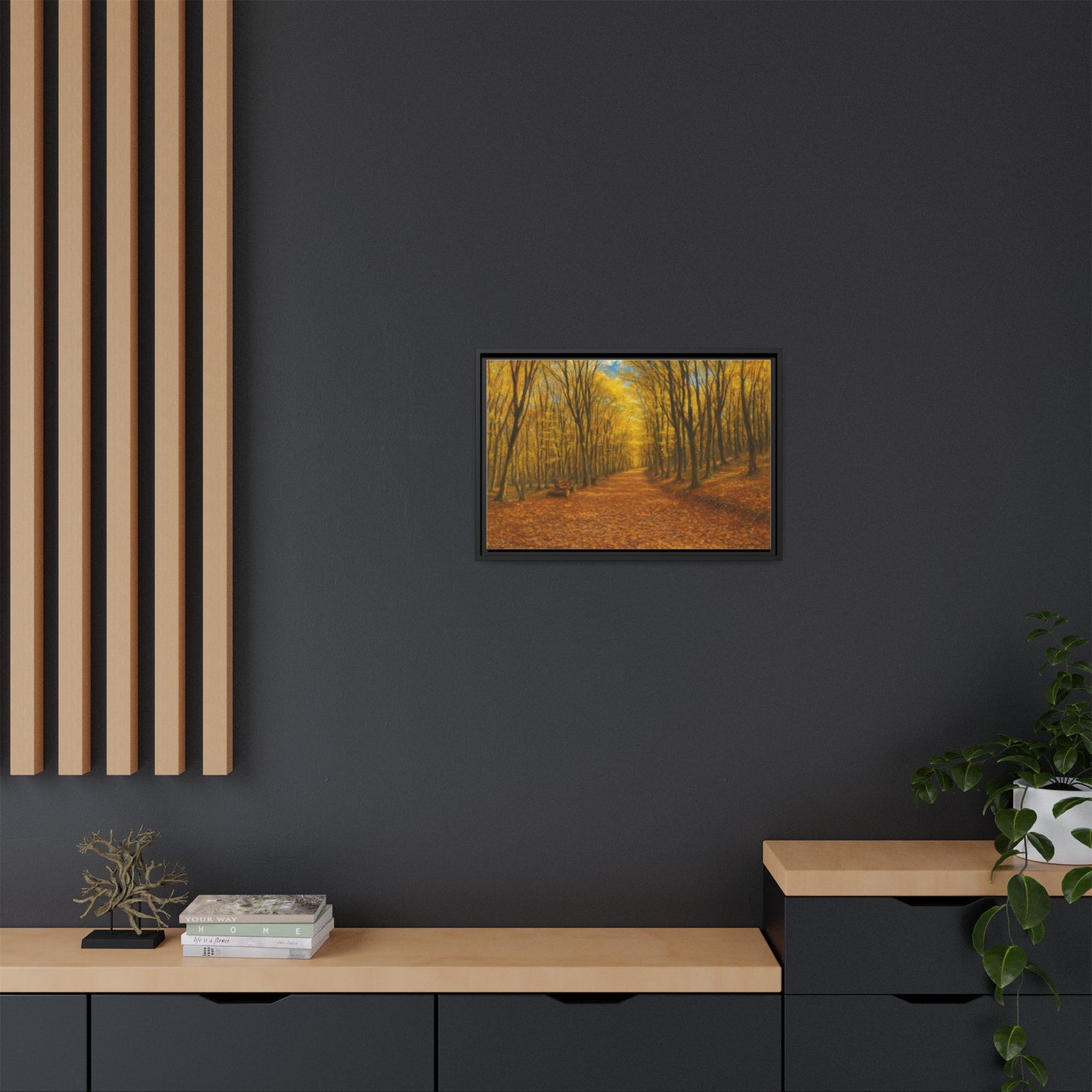 Autumn forest path matte canvas wall art by Printify showing a scenic forest scene with colorful fall leaves and a walking trail.
