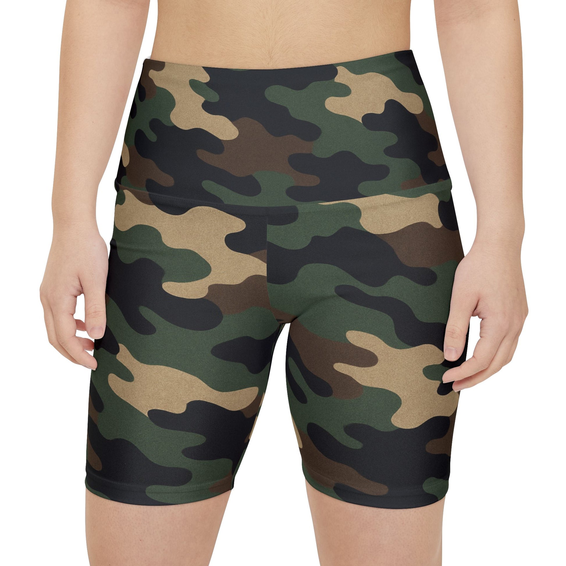 Olive green camouflage high-waist women's workout shorts with all-over print, activewear from Printify.