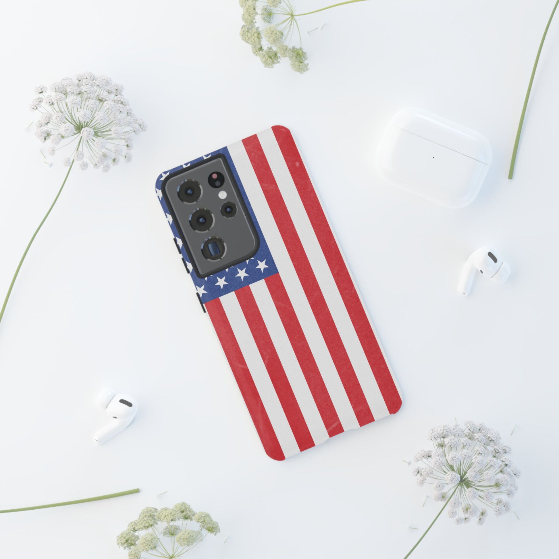 American flag tough phone case for iPhone and Samsung, patriotic protective cover with bold flag design by Printify