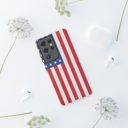 American flag tough phone case for iPhone and Samsung, patriotic protective cover with bold flag design by Printify