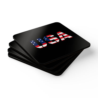 USA flag corkwood coaster set featuring four patriotic drink coasters with printed American flag design, ideal for July 4th celebrations.